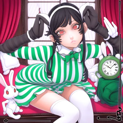 bag, dress, mask, rabbit ears, black hair, striped pantyhose, wristwatch, pantyhose, twintails, 1boy, fingerless gloves, Tatsumaki, white gloves