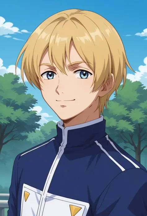 score_9, score_8_up, score_7_up, source_anime, highly detailed, 
1boy, male focus, solo, blonde hair, blue eyes, uniform, shirt, blue shirt, jacket, cropped jacket, blue jacket, smile, upper body
outdoor, sky, cloud, tree