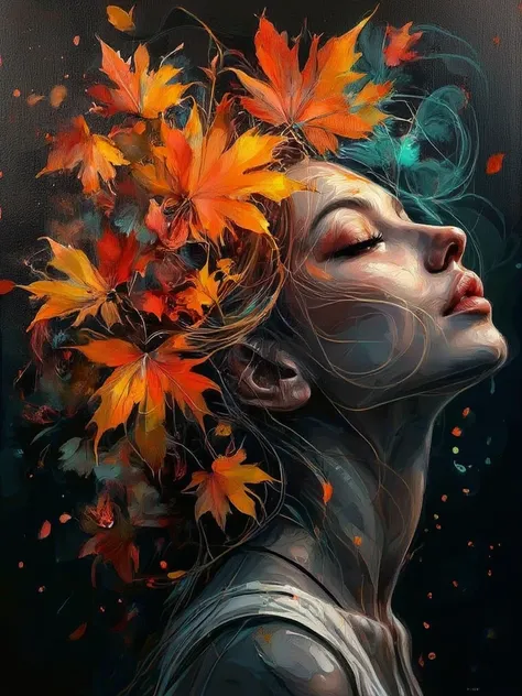 Watercolor style, watercolor, wet on wet, paintstreaks, watercolor painting, nA detailed rich pastel drawing using rich black negative spaces. Combining the silhouette of a beautiful woman with autumn coloured hair, and bright colourful autumn leaves as de...