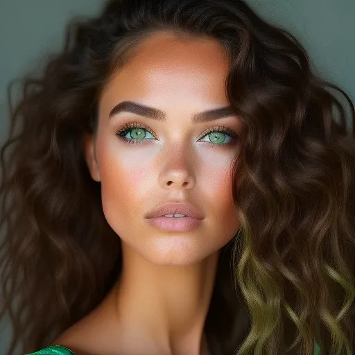 parted lips, green eyes, 1girl, looking at viewer, divine10, brown hair, lips, portrait, solo, long hair, wavy hair