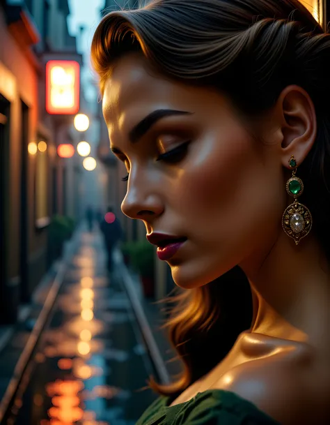 In a dramatic, moody noir setting reminiscent of 1940s film-noir, a close-up image captures Adelise Verogandhs profile, her long, wavy chestnut hair cascading over one shoulder to veil a delicate diamond earring. The soft glow of a single, dim streetlamp i...