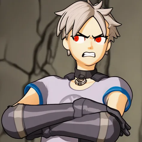 orinfn, 1boy, red eyes, solo, male, white hair, short hair, shirt, gloves, collar, upper body, crossed arms, angry, teeth, looking away