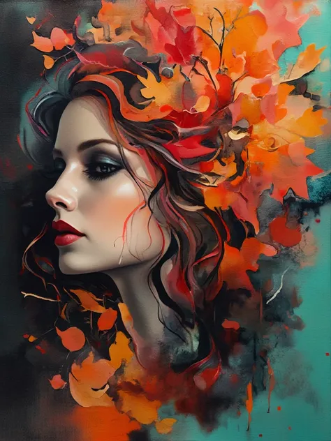 Watercolor style, watercolor, wet on wet, paintstreaks, watercolor painting, nA detailed rich pastel drawing using rich black negative spaces. Combining the silhouette of a beautiful woman with autumn coloured hair, and bright colourful autumn leaves as de...