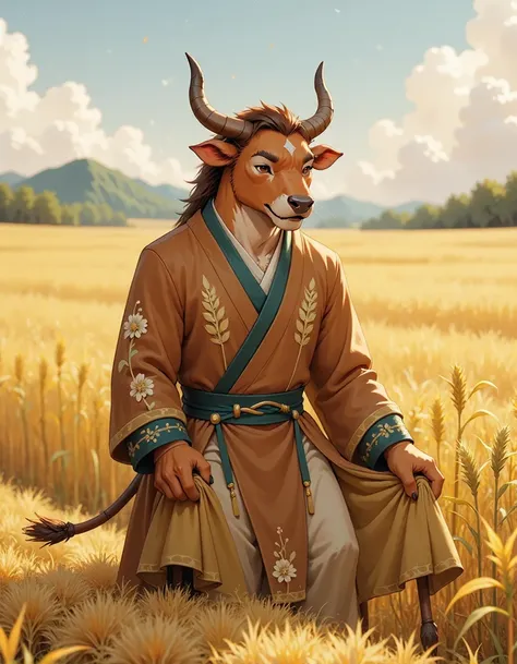 animanflux,This is a surrealistic realistic photography,in traditional Chinese attire, Tang dynasty, In the peaceful fields, an anthropomorphized ox is slowly plowing. The field is illuminated by the sun, golden waves of wheat roll over, and the air is fil...