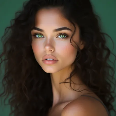 black hair, solo, brown hair, lips, 1girl, looking at viewer, nose, wavy hair, portrait, divine8, green eyes