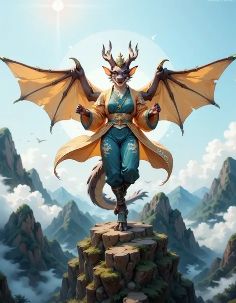 animanflux,This is a very detailed and realistic digital artwork.in traditional Chinese attire, Tang dynasty, At the top of a mountain peak surrounded by clouds, an anthropomorphized dragon was hovering in the sky. The mountain peak was surrounded by cloud...