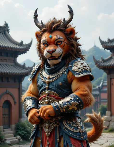 This is a surrealistic realistic photography with a Chinese style characterized by Confucianism and Taoism elegance. A realistic photograph features an anthropomorphic lion dressed in traditional Chinese Ming Dynasty armor, standing atop an ancient city wa...