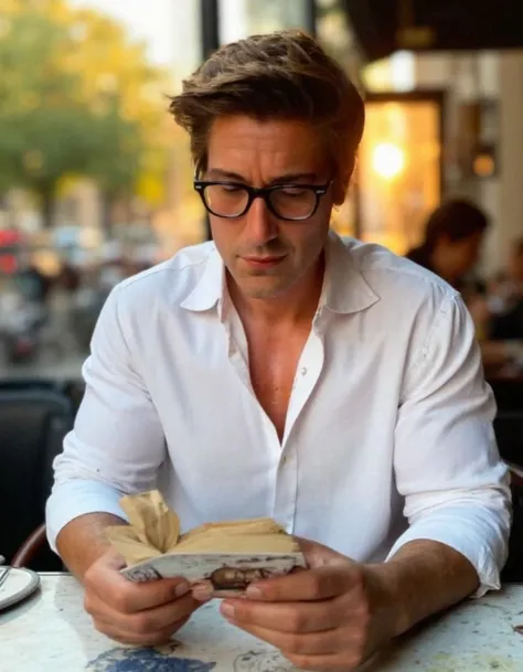 d4v1dmu1r This is a photograph of a handsome man sitting at a cafe, reading a book. He has beautiful brown hair and a 5 o clock shadow. He is wearing a loose white button up shirt and glasses . He is focused on the book that he is holding. He is outside si...