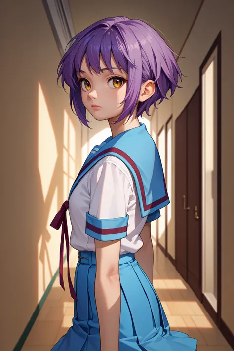 score_9, score_8_up, score_7_up, score_6_up, source_anime, 1girl, solo,  <lora:nagatoyuki-pdxl-nvwls-v1-000005:1> yukinagato, purple hair, short hair, amber eyes, short sleeves, blue sailor collar, white shirt, neck ribbon, pleated skirt, blue skirt, from ...