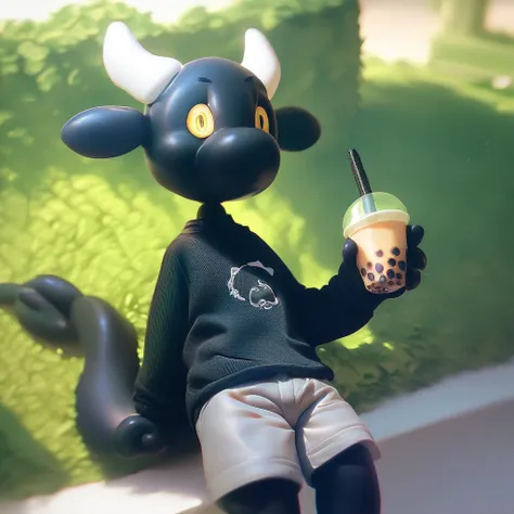 score_9_up, score_8_up, score_7_up, source_furry, balloons, mikus-balloon, balloon, black dragon, black body, white horns, yellow eyes, park, holding, bubble tea, black sweater, gray shorts, 1boy, solo