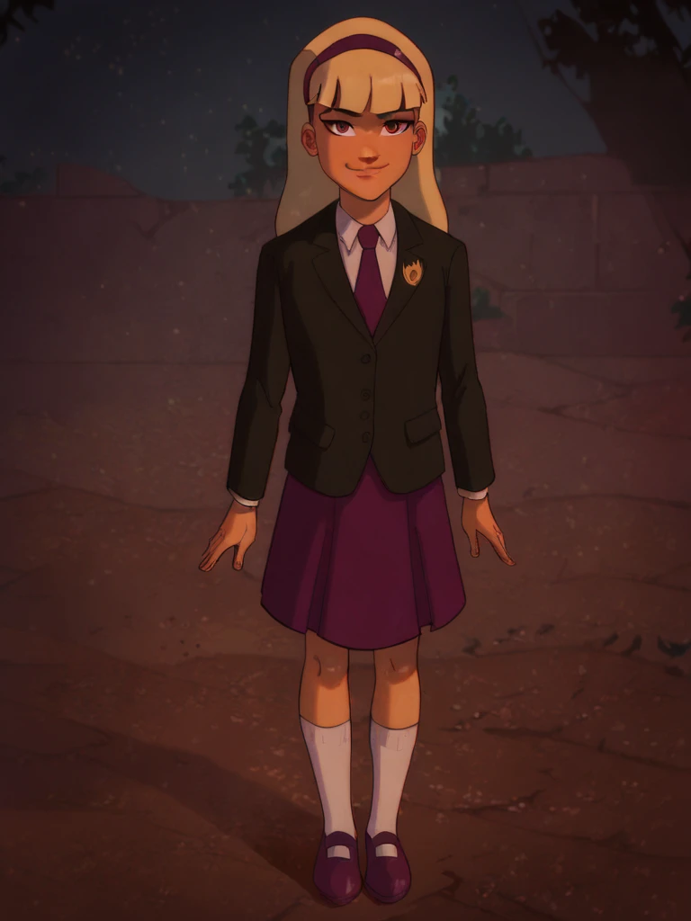 score_9, score_8_up, score_7_up, score_6_up, score_5_up,
DC__Young_Justice_Child, blond hair, red eyes, purple hairband, white shirt, black coat, red tie, insignia on coat, skirt, smug smile, socks, shoes
, 1girl, solo, facing viewer, small smile, full bod...