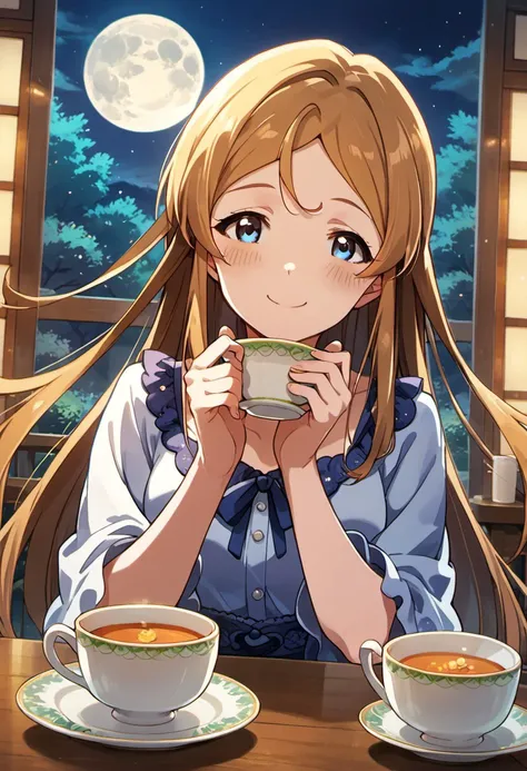 score_9, score_8_up, score_7_up, source_anime, shinomiya karen, long hair, brown hair, blue eyes, 1girl, smile, moon, cup, full moon, looking at viewer, food, teacup, blush, solo