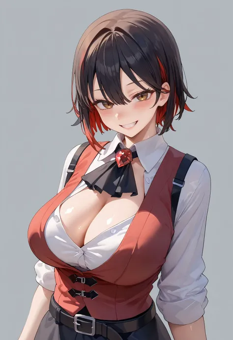 score_9,score_8_up,score_7_up, <lora:jima_style_pdxl_goofy:1>1girl, ascot, belt, black ascot, black belt, black hair, blush, breasts, brown eyes, chest belt, cleavage, colored inner hair, gem, grey background, grin, hair between eyes, hair ornament, large ...