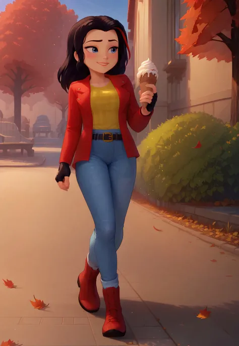 score_9, score_8_up, score_7_up, source_anime, Expressiveh, solo, looking away, blush, vicky_legofriends, black hair, streaked hair, jeans, fingerless gloves, red jacket, yellow shirt, boots, belt, smile, closeup, cinematic, falling leaves, dusk, park, hol...