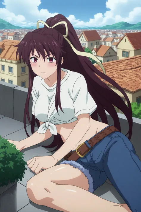  kaori kanzaki,1girl,solo,long hair,looking at viewer,ribbon,breasts,asymmetrical clothes,ponytail,katana,very long hair,tied shirt,belt,denim,sheath, navel BREAK outdoors,rooftop, building,blue sky,city background   Lying on side with legs curled up and a...