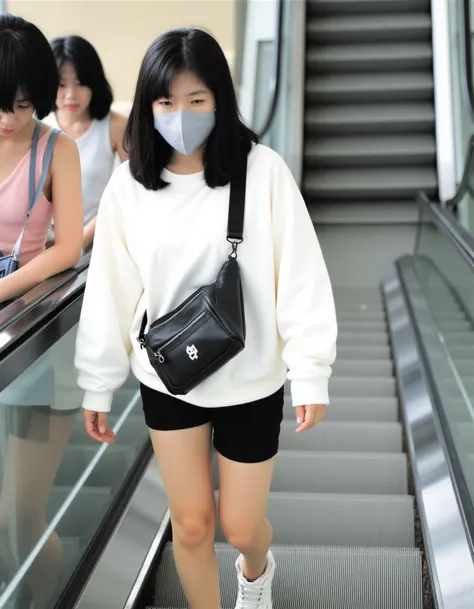 This photograph captures a candid moment in a modern, indoor setting, likely an airport or shopping mall, featuring three young Asian women ascending a moving walkway or escalator. The central figure, a young woman with long, straight black hair and fair s...