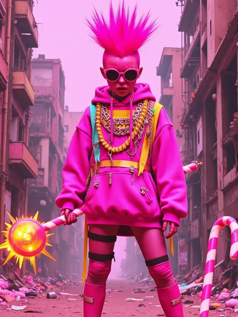 pirai, A fierce-looking figure in an oversized bubblegum-pink hoodie, covered with chains and studs, wielding a lollipop staff that’s spiked and glowing. They have bright pink hair styled in mohawk spikes, and they’re standing in front of a dilapidated cit...