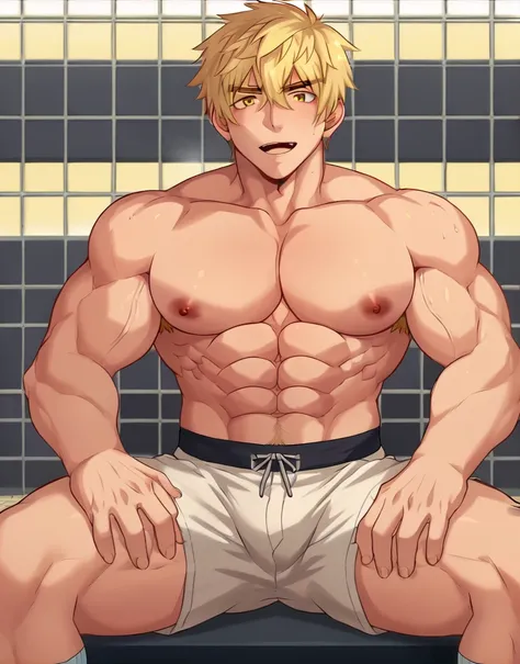 1man, blonde hair, yellow eyes, shorts, sitting, front view short hair, topless, legs spread, bara, looking at viewer, from bellow <lora:AknoxmStyle:0.9>