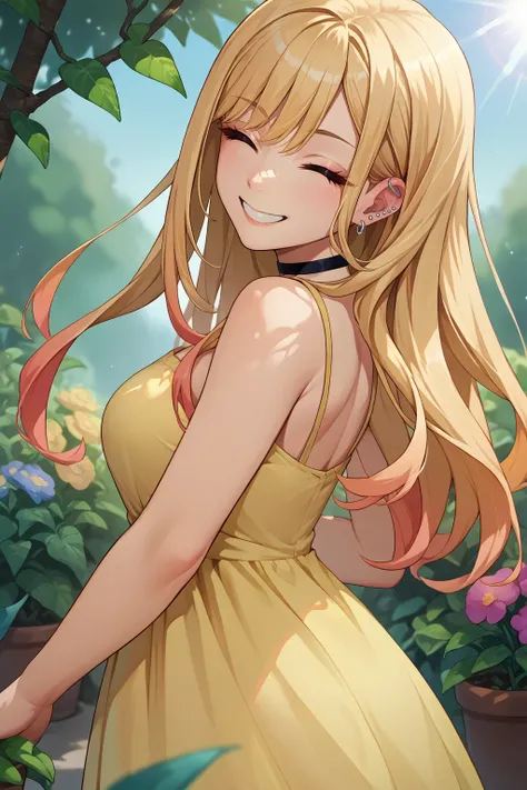 score_9, score_7_up, source_anime, from behind, cowboy shot, looking at viewer, smile, teeth, closed eyes, mrnktg, long hair, multicolored hair, colored tips, blonde hair, large breasts, ear piercing, ring, black choker, yellow sundress, outdoors, sunlight...