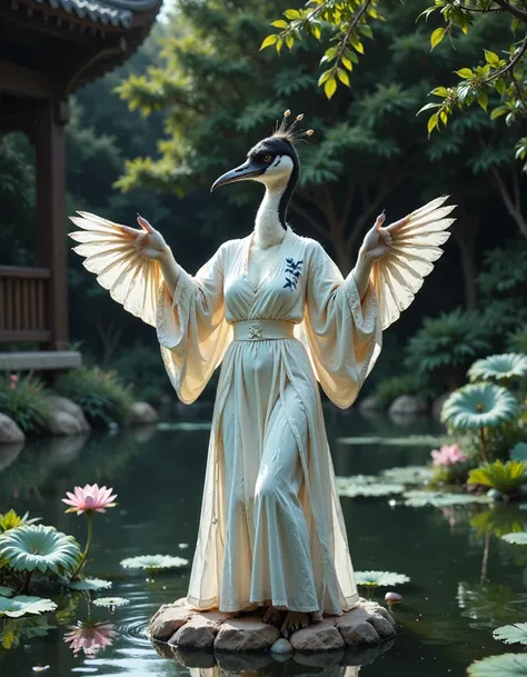 animanflux,This is a surrealistic realistic photography,in traditional Chinese attire, Tang dynasty, An anthropomorphized crane is gracefully stretching its wings in the Lake Pavilion of a classical Chinese garden. The garden is centered on water, surround...