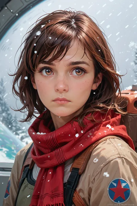 score_9, score_8_up,score_7_up, score_6_up,
a young woman, cute, 21 years old, staring into space, brown hair, brown eyes, red scarf, snowing, realistic, realistic skin texture,