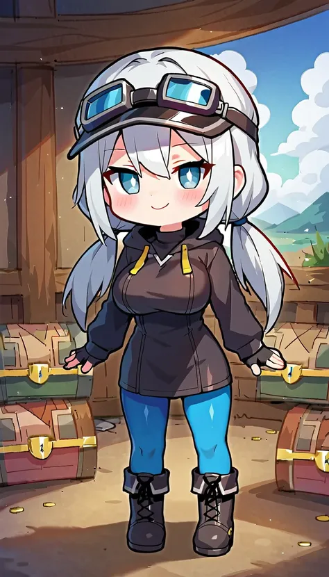 score_9,score_8_up,score_7_up,score_6_up BREAK official art,solo,outdoors,upper body,looking at viewer,facing viewer,smile,blush,(chibi:1.3),Treasure Girl,black visor cap,goggles on headwear,black goggles,long hair,grey hair,low twintails,hair wings,sidelo...