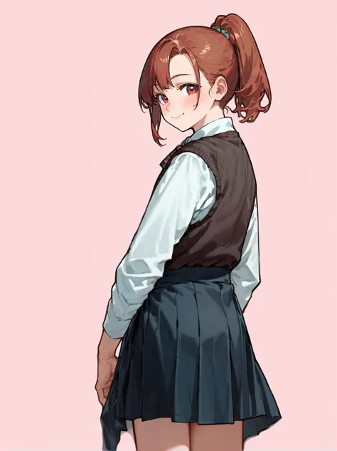 score_8_up, score_7_up, score_6_up, source_anime, 1girl, solo, simple background, pink background,
standing, pose, contrapposto, arched back, cowboy shot, from behind
smile, 
 <lora:schooluniform:1>
white shirt, brown sweater vest, sweater around waist, lo...