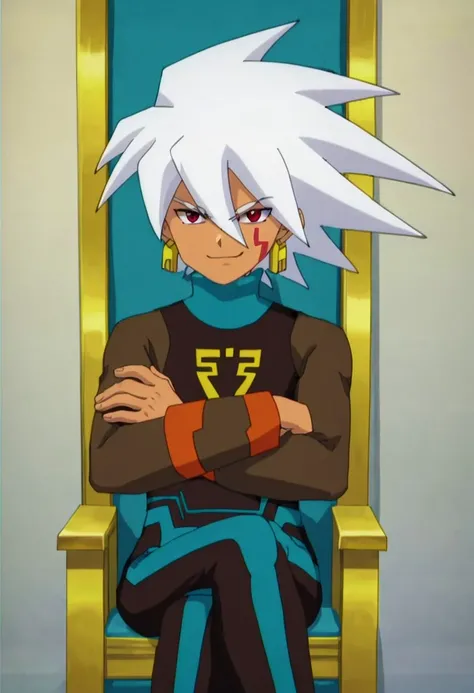 source anime,highly detailed,score 9,score 8 up,score 7 up,solo,1boy,male focus,solo (mega man),white hair, spiked hair, hair between eyes, red eyes, dark skin, bodysuit, crest, earrings, long sleves, orange sleeve cuffs,upper body,cowboy shot,looking at v...