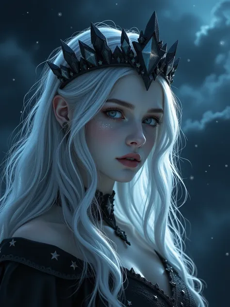 a woman with long white hair wearing a crown and a black dress