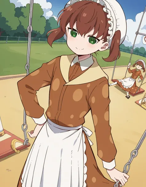 score_9, score_8_up, score_7_up, source_anime, <lora:nae-saikawa-s2-ponyxl-lora-nochekaiser:1>, nae saikawa, bangs, brown hair, hair between eyes, twintails, green eyes,, skirt, shirt, long sleeves, hat, collared shirt, apron, white headwear, polka dot, wa...