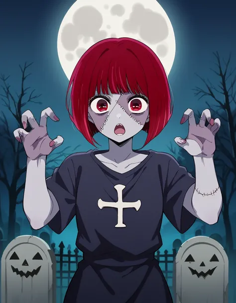 score_9, score_8_up, score_7_up, source_anime, kanaarima, <lora:kana-arima-s1-ponyxl-lora-nochekaiser:1>, kana arima, short hair, bangs, red eyes, red hair, bob cut,, <lora:zombie-ponyxl-lora-nochekaiser:1>, zombie, colored skin, stitches, grey skin, multi...