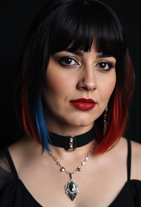 closeup portrait of a goth woman, messy straight-cut cleopatra bob, bangs, multi-tone hair (black with red and blue highlights), long earrings, necklaces, heavy make-up, red lips, dark eyeshadow, dark background