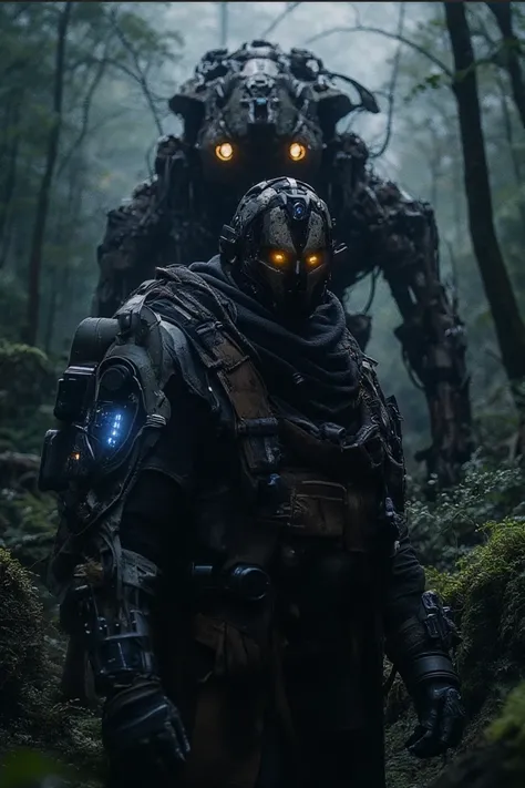 "A post-apocalyptic warrior standing in a dense, overgrown forest, wearing tattered tactical gear mixed with cybernetic enhancements. The warriors right arm is a complex mechanical prosthetic, with glowing blue circuitry running through it, and their face ...