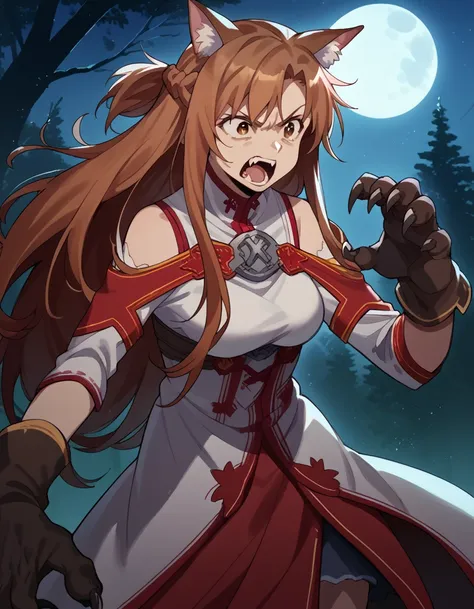 score_9, score_8_up, score_7_up, source_anime, asunayuuki, <lora:asuna-yuuki-s1-ponyxl-lora-nochekaiser:1>, asuna yuuki, long hair, brown hair, brown eyes, medium breasts,, <lora:werewolf-ponyxl-lora-nochekaiser:1>, werewolf, furry, fangs, animal ears, glo...