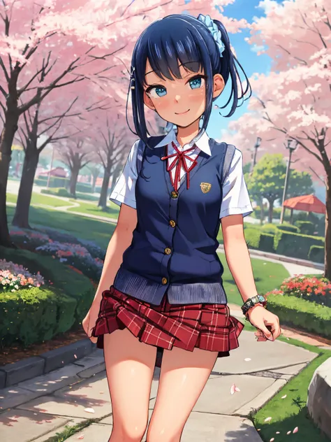 <lora:ST_Tsuttsu_0R:0.8>, tsuttsu
blue hair, side ponytail, hairclip, wrist scrunchie, blue eyes
school uniform, (blue sweater vest:1.2), white shirt, red ribbon, short sleeves, (red skirt:1.2), plaid skirt
masterpiece, best quality, ultra-detailed, detail...