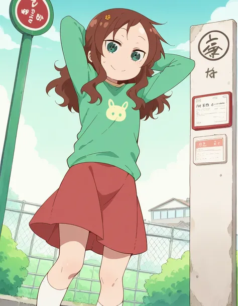 score_9, score_8_up, score_7_up, source_anime, <lora:riko-saikawa-s2-ponyxl-lora-nochekaiser:1>, riko saikawa, long hair, brown hair, green eyes, hair flower, hair ornament, flower,, skirt, shirt, long sleeves, red skirt, white socks, green shirt,, bus sto...