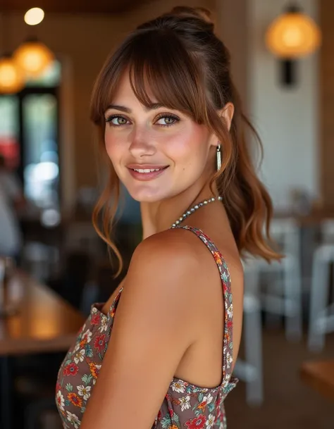 <lora:Ella_Purnell_Flux:1> beautiful detailed photograph, ponytail with loose strands framing her face, wearing a  dress, standing in cafe looking at the viewer, smiling