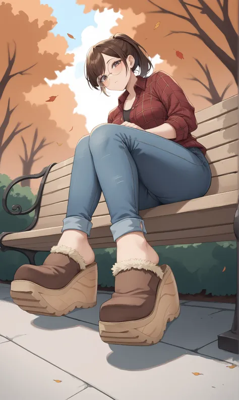 score_9, score_8_up, score_7_up, score_6_up, source_anime,
low angle,
autumn, outdoors, park bench,
1girl, 
sitting,
flannel shirt, jeans, round glasses, ponytail, brown hair,
sherpa clogs, platform footwear,
embedding:zPDXLrl ,
embedding:zPDXL2 ,