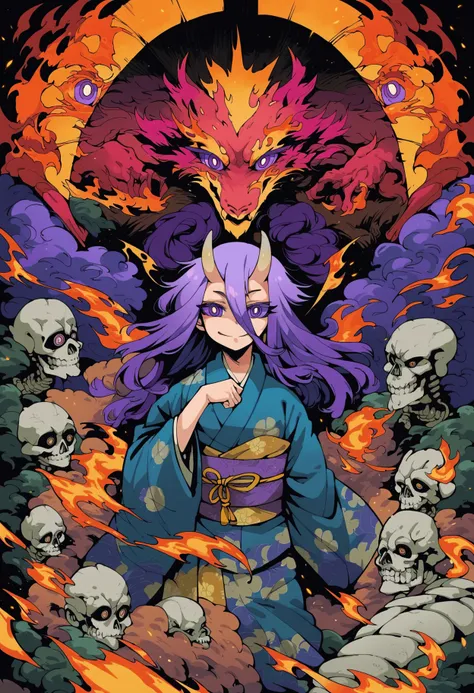 score_9, score_8_up, score_7_up, score_6_up, score_5_up, score_4_up, BREAK
1girl, horns, skull, solo, dragon, purple hair, japanese clothes, smile, fire, kimono, looking at viewer, long hair, hair between eyes, colored sclera, purple eyes, long sleeves, br...