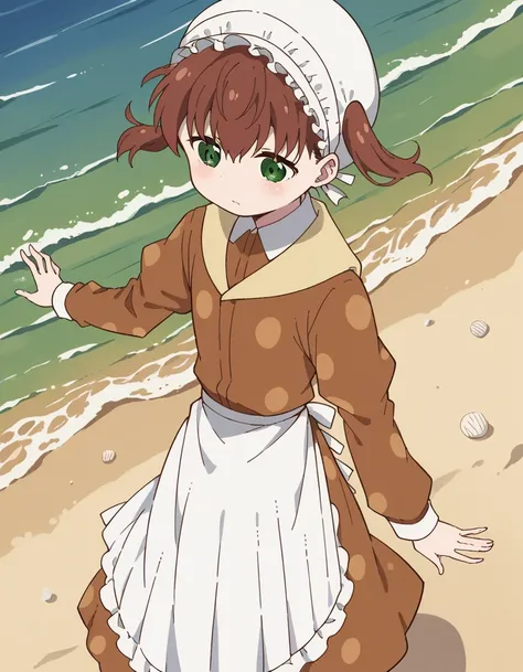 score_9, score_8_up, score_7_up, source_anime, <lora:nae-saikawa-s2-ponyxl-lora-nochekaiser:1>, nae saikawa, bangs, brown hair, hair between eyes, twintails, green eyes,, skirt, shirt, long sleeves, hat, collared shirt, apron, white headwear, polka dot, wa...