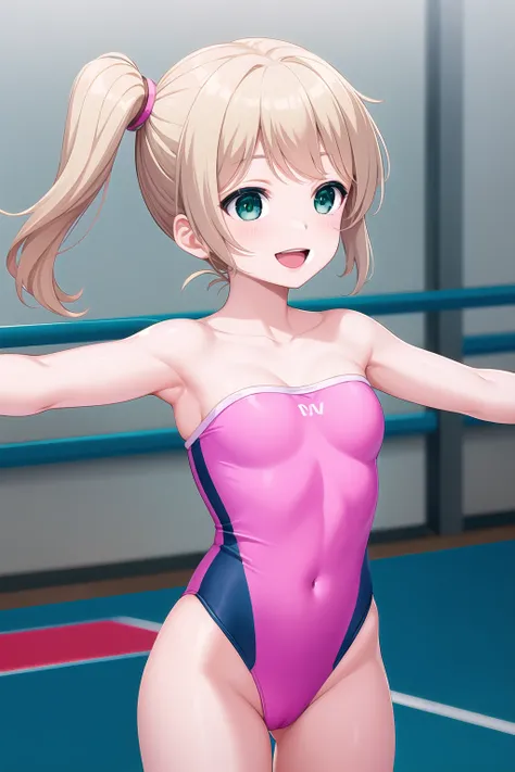 (masterpiece, best quality), highly detailed background, perfect lightingbest quality, etokurumi, solo, indoors, gymnastics, blonde hair, side ponytail, bangs, short hair, green eyes, medium breasts, two-tone leotard, strapless leotar, athletic leotard, sh...