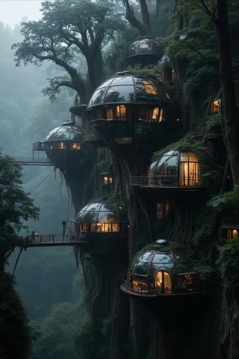 A breathtaking village of futuristic treehouses is nestled deep within a mist-covered forest. The spherical structures, built from a combination of glass, metal, and wood, are seamlessly integrated into massive, ancient trees. Bridges connect the homes hig...