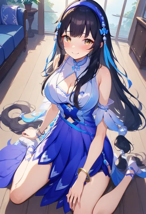 ebifurya,
<lora:xishi_pony:1>,xishi,1girl,solo,breasts,long hair,hairband,black hair,cleavage,large breasts,jewelry,bracelet,hair ornament,very long hair,bare shoulders,smile,brown eyes,dress,skirt,clothing cutout,looking at viewer,blush,blue hairband,slee...