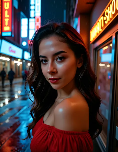 In a gritty, neo-noir setting, the camera zooms in on D4R14K, a woman with black hair cascading down her back like a waterfall of obsidian, as she stands against the rain-soaked, neon-lit streets of a dystopian city. Her eyes, framed by heavy eyeliner and ...