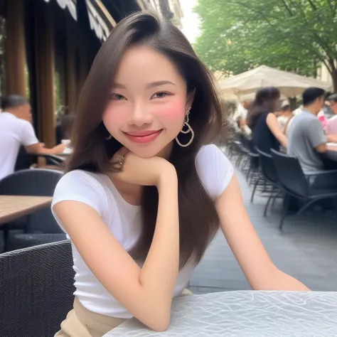 light beige pants., smile, dark brown hair cascades over her shoulders. She is smiling gently, earrings This photograph captures a young Asian woman with long, ring, ornate wrought-iron table, youthful skin tone. Her long, with a slight smile. She is weari...