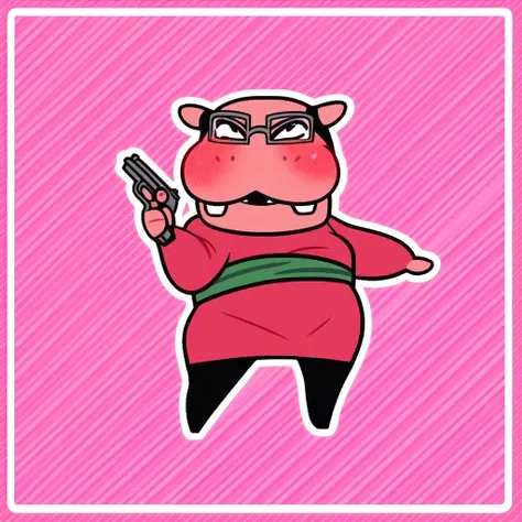 score_9,score_8,score_7,kabae_aggretsuko, kabae_hippo, official art, tv show, tv series, weapon, gun, holding, spy glasses, pink background, halftone, holding gun, solo, holding weapon, fangs, blush, no humans, handgun, outline, sash, female focus, full bo...