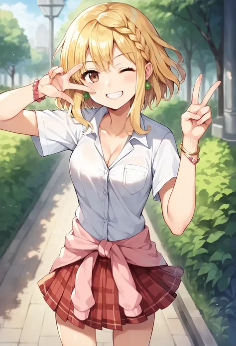 score_9,score_8_up,score_7_up,source_anime,masterpiece,best quality,game cg,1girl,solo,little_girl,medium breasts,cleavage,izumi_ibuki,blonde hair,braid,green earrings,brown eyes,short hair,jewelry,shirt,pink clothes around waist,red skirt,(checkered_skirt...