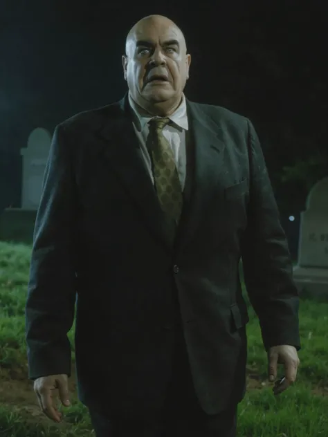 Daniel Clay man, standing in a graveyard at night, wearing dirty suit and tie, walking towards terrified woman, spooky, horror, cinematic, dramatic lighting, high quality, highly detailed, color photo, bald, 