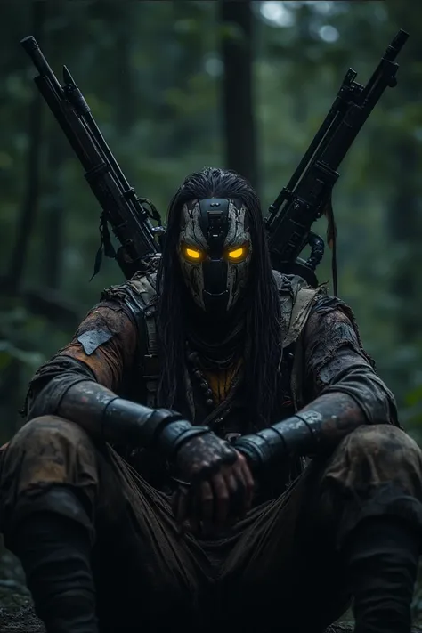 A mysterious figure sits calmly in a dense, shadowy forest, their face obscured by a high-tech mask with glowing yellow eyes. Clad in rugged, weathered clothing patched with tattered materials and tribal-like symbols, they exude a blend of ancient and futu...