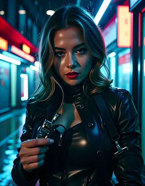 In a gritty, neo-noir setting reminiscent of Blade Runners rain-soaked streets, the camera focuses on D4R14K, a captivating woman with black eyes and black hair, her face partially hidden behind a sleek, translucent veil. Her piercing gaze locks onto the v...